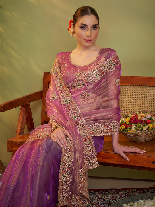 Pink Ethnic Motifs Embroidered Zari Work Tissue Saree