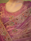 Pink Ethnic Motifs Embroidered Zari Work Tissue Saree