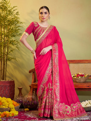 Pink Embroidered Work Designer Silk Saree