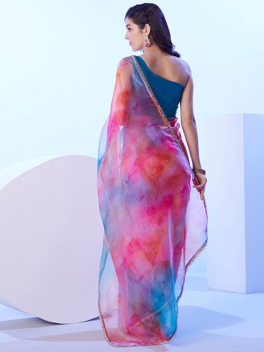 Multicolor Ombre Mirror Work Embellished Organza Saree