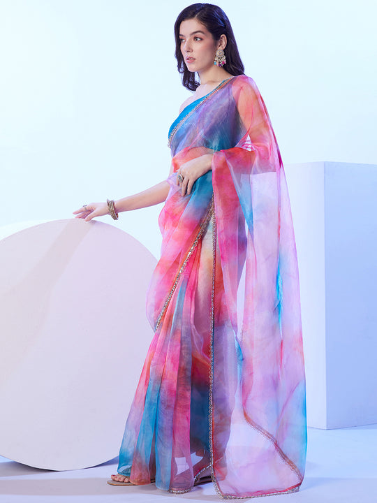 Multicolor Ombre Mirror Work Embellished Organza Saree