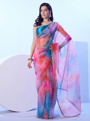 Multicolor Ombre Mirror Work Embellished Organza Saree