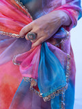 Multicolor Ombre Mirror Work Embellished Organza Saree
