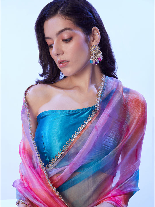 Multicolor Ombre Mirror Work Embellished Organza Saree