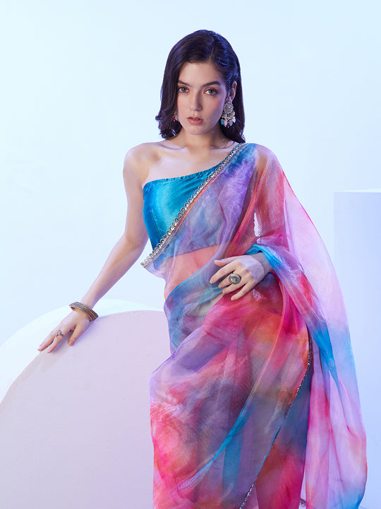 Multicolor Ombre Mirror Work Embellished Organza Saree