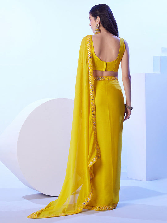 Lime Yellow Moss With Designer Lace And Unstitched Blouse