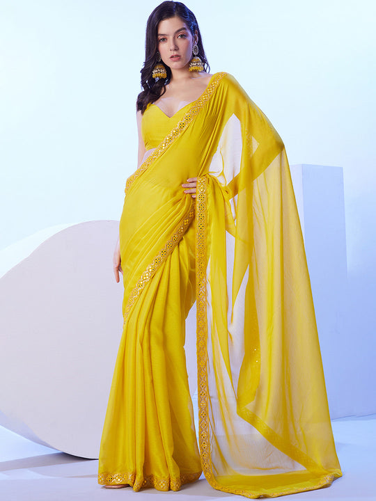 Lime Yellow Moss With Designer Lace And Unstitched Blouse