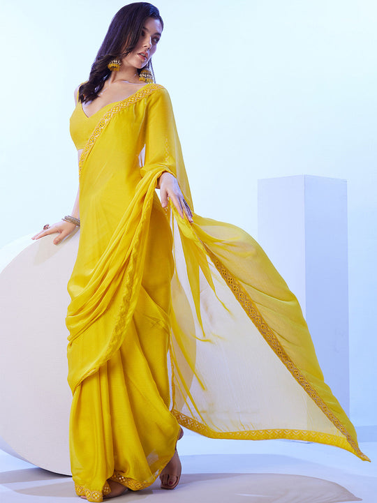 Lime Yellow Moss With Designer Lace And Unstitched Blouse