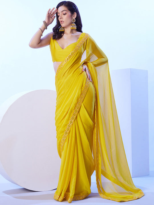 Lime Yellow Moss With Designer Lace And Unstitched Blouse