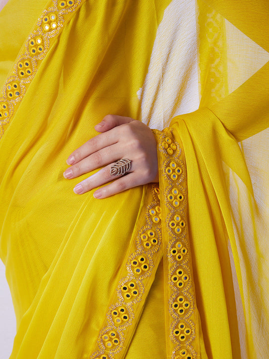 Lime Yellow Moss With Designer Lace And Unstitched Blouse