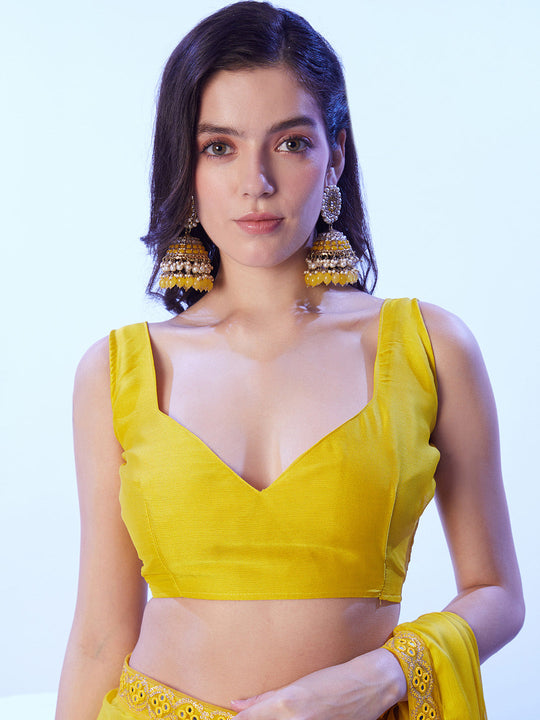 Lime Yellow Moss With Designer Lace And Unstitched Blouse