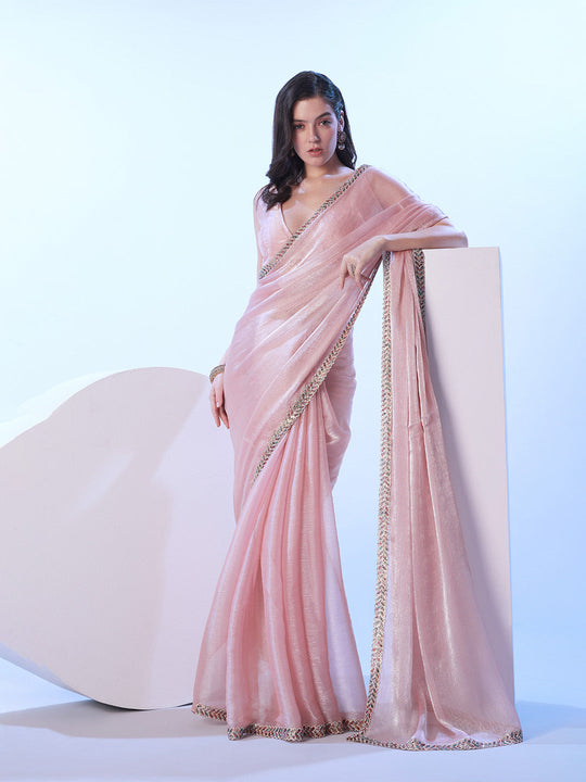 Peach Saree With Designer Lace And Unstitched Blouse