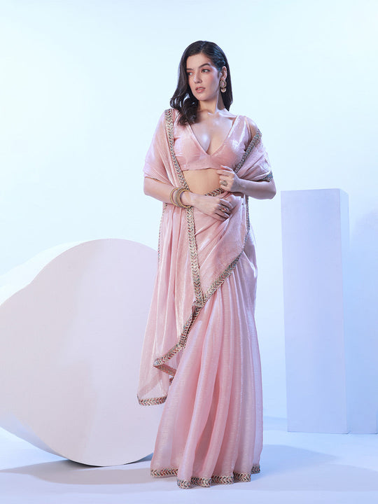 Peach Saree With Designer Lace And Unstitched Blouse