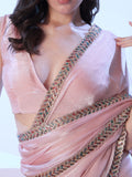 Peach Saree With Designer Lace And Unstitched Blouse
