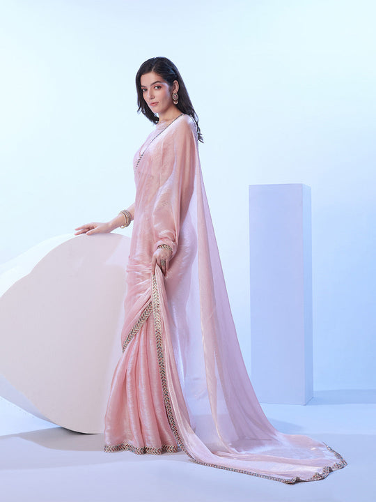Peach Saree With Designer Lace And Unstitched Blouse