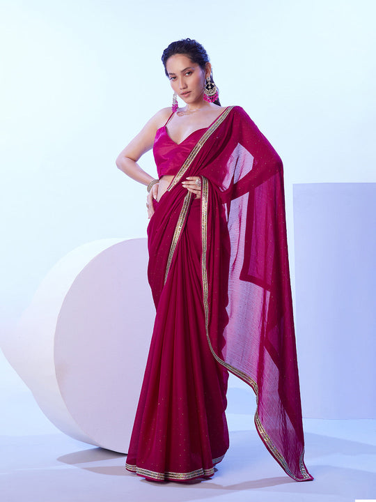 Hot Pink Satin Moss With Designer Lace And Unstitched Blouse