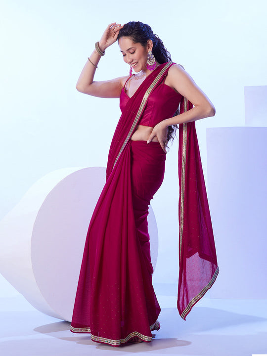 Hot Pink Satin Moss With Designer Lace And Unstitched Blouse