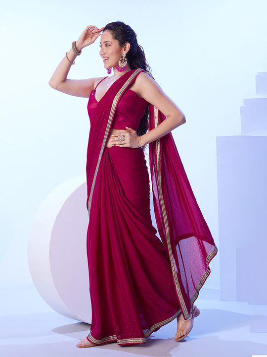 Hot Pink Satin Moss With Designer Lace And Unstitched Blouse