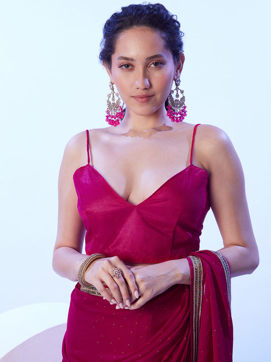 Hot Pink Satin Moss With Designer Lace And Unstitched Blouse