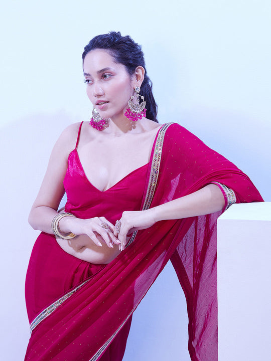 Hot Pink Satin Moss With Designer Lace And Unstitched Blouse