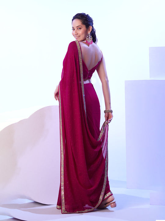 Hot Pink Satin Moss With Designer Lace And Unstitched Blouse