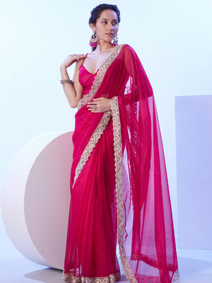 Pink Embellished Beads And Stones Satin Saree