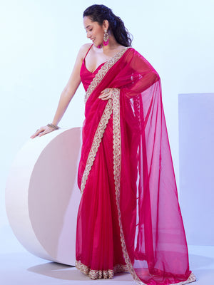 Pink Embellished Beads And Stones Satin Saree