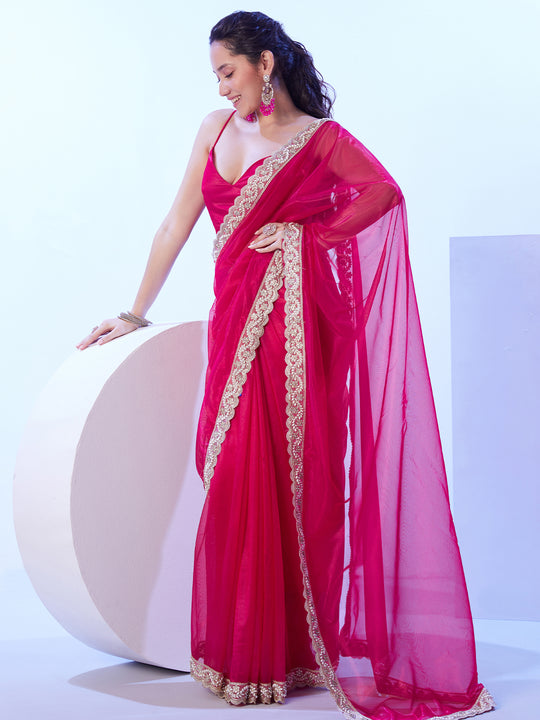 Pink Embellished Beads And Stones Satin Saree