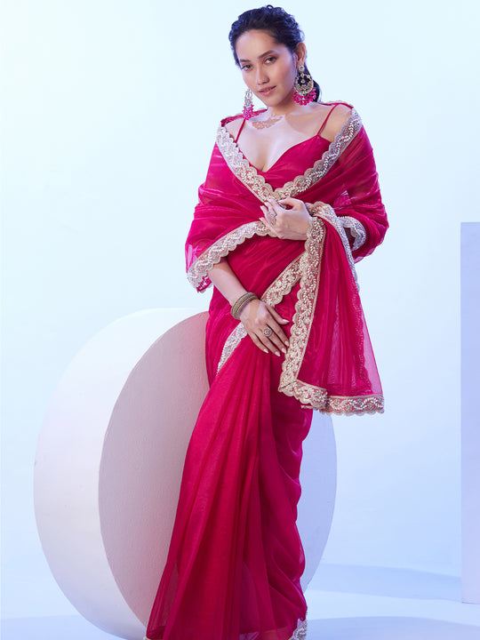 Pink Embellished Beads And Stones Satin Saree