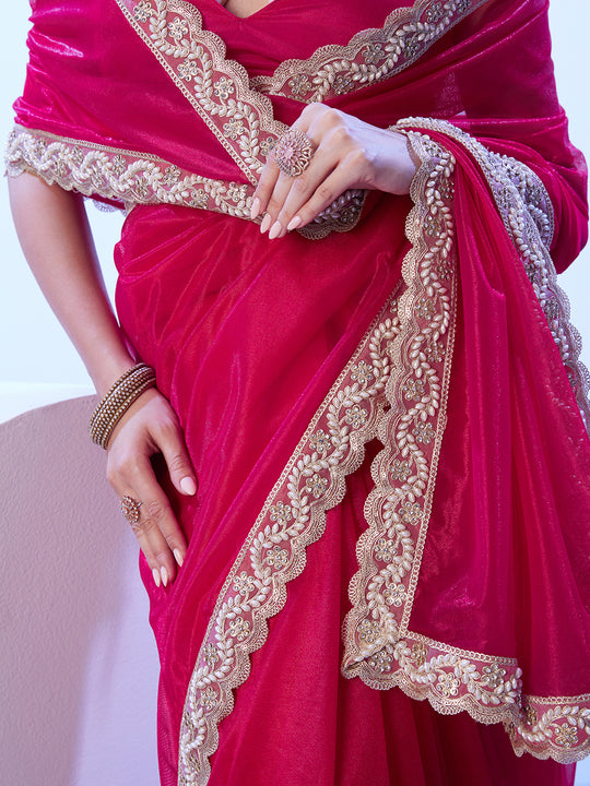 Pink Embellished Beads And Stones Satin Saree