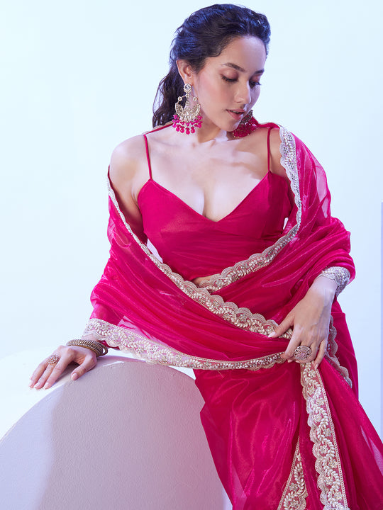 Pink Embellished Beads And Stones Satin Saree