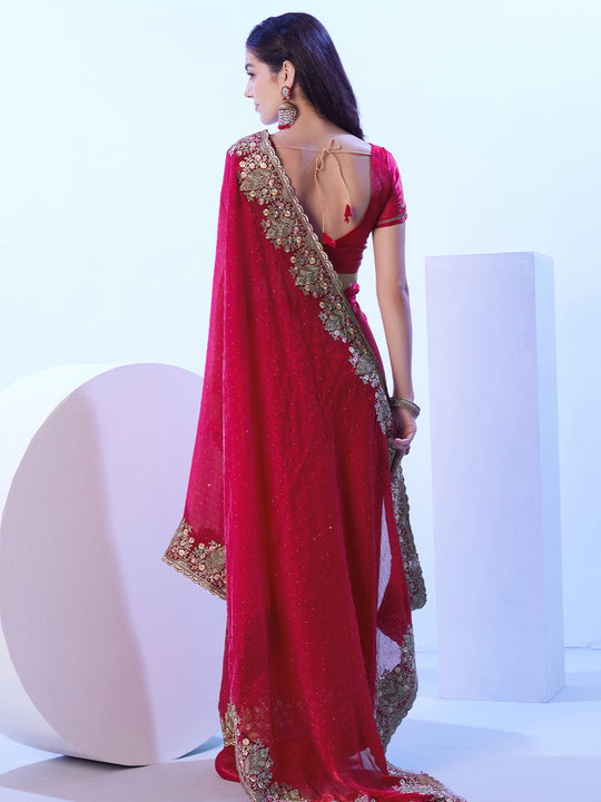 Red Embroidered Embellished Satin Saree