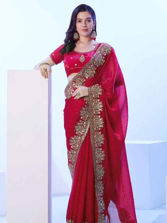 Red Embroidered Embellished Satin Saree