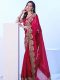 Red Embroidered Embellished Satin Saree