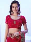 Red Embroidered Embellished Satin Saree