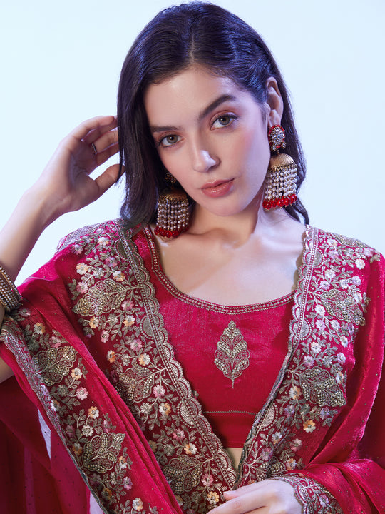 Red Embroidered Embellished Satin Saree