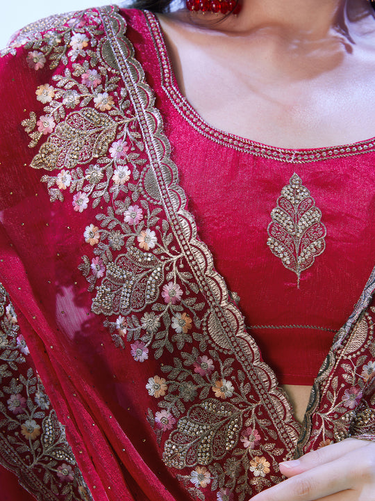 Red Embroidered Embellished Satin Saree