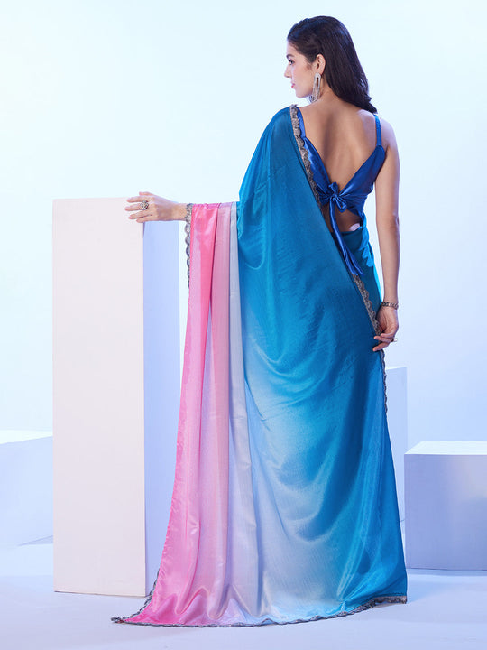 Multicolor Chinon Digital Printed Saree With Designer Lace And Unstitched Blouse