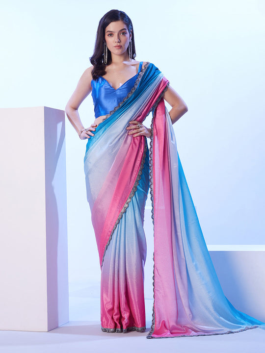 Multicolor Chinon Digital Printed Saree With Designer Lace And Unstitched Blouse