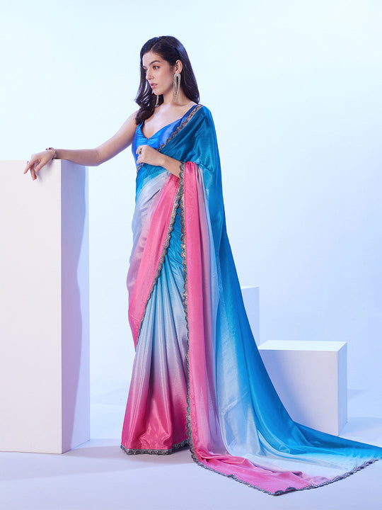 Multicolor Chinon Digital Printed Saree With Designer Lace And Unstitched Blouse