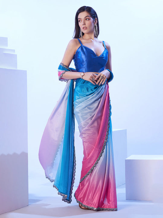 Multicolor Chinon Digital Printed Saree With Designer Lace And Unstitched Blouse