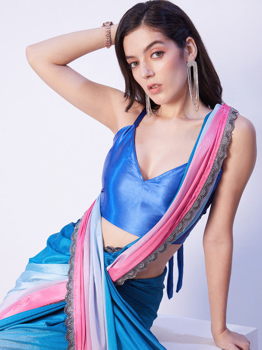 Multicolor Chinon Digital Printed Saree With Designer Lace And Unstitched Blouse