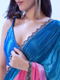 Multicolor Chinon Digital Printed Saree With Designer Lace And Unstitched Blouse