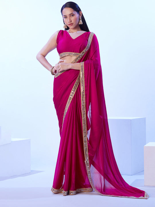 Hot Pink Satin Chiffon With Designer Lace And Unstitched Blouse