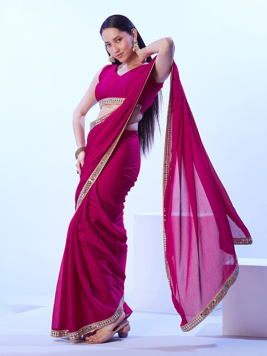 Hot Pink Satin Chiffon With Designer Lace And Unstitched Blouse