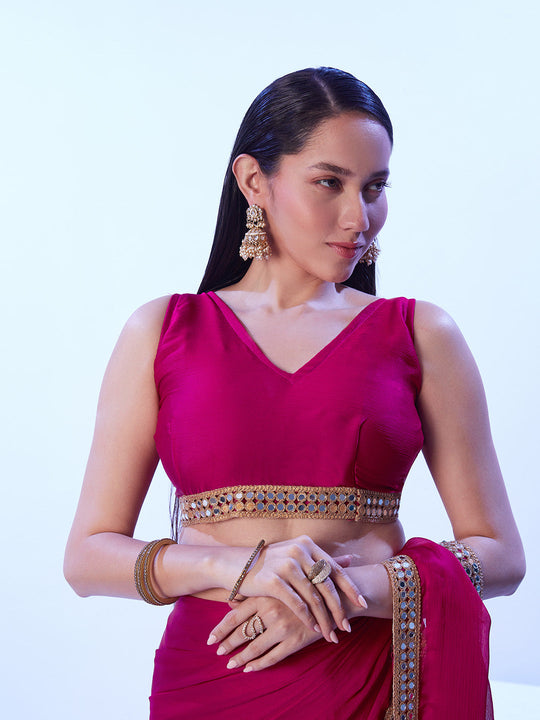 Hot Pink Satin Chiffon With Designer Lace And Unstitched Blouse