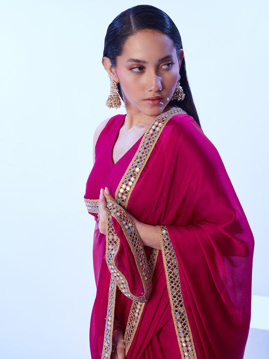 Hot Pink Satin Chiffon With Designer Lace And Unstitched Blouse