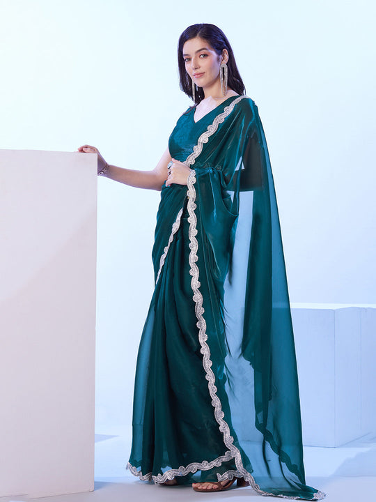 Teal Satin Jimmy Choo Saree With Designer Lace And Unstitched Blouse