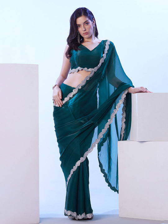 Teal Satin Jimmy Choo Saree With Designer Lace And Unstitched Blouse
