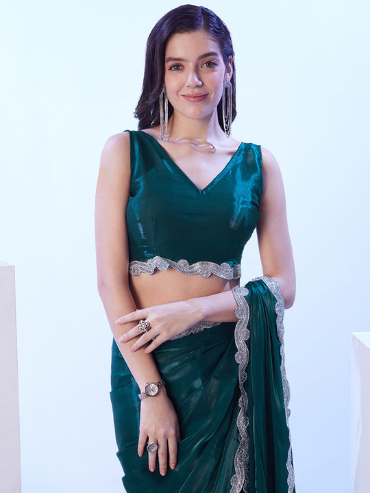 Teal Satin Jimmy Choo Saree With Designer Lace And Unstitched Blouse